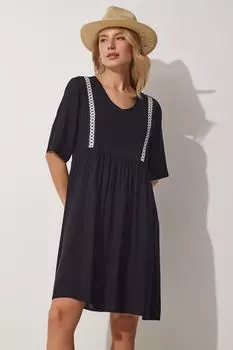 Женское черное расклешенное летнее платье из вискозы с v-образным вырезом и вышивкой Happiness stanbul, черный