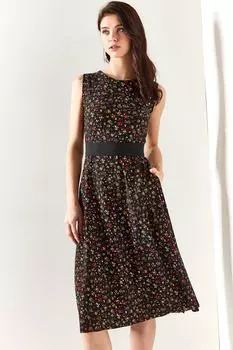 Женское черное расклешенное платье с карманами и цветочным принтом Olalook, черный