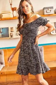 Женское черное расклешенное платье с потайным воротником и завязками Olalook, черный