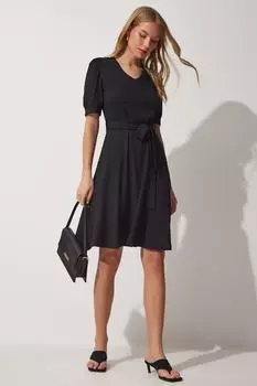 Женское черное расклешенное трикотажное платье с v-образным вырезом и поясом Happiness stanbul, черный