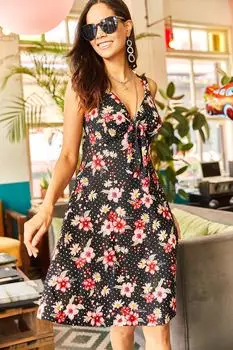 Женское черное расклешенное трикотажное платье с v-образным вырезом и цветочным принтом Olalook, разноцветный