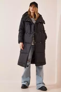 Женское черное стеганое пальто оверсайз с водолазкой Happiness stanbul, черный