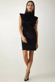 Женское черное стильное бархатное платье с высоким воротником Happiness stanbul, черный