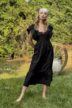 Женское черное тканое платье из поплина с квадратным воротником и воланами на подоле ALC-X8878 Trend Alaat Stili, черный