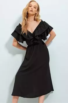 Женское черное тканое платье миди с расклешенным воротником и поясом на талии ALC-X8559 Trend Alaat Stili, черный