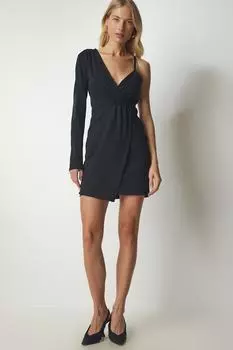 Женское черное трикотажное платье с одним рукавом Happiness stanbul, черный