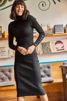 Женское черное трикотажное платье с высоким воротником и пуговицами Olalook, черный