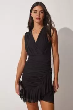 Женское черное вечернее платье со сборками, элегантное трикотажное платье из тюля Happiness stanbul, черный