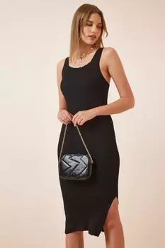 Женское черное вельветовое трикотажное платье на толстых бретелях Happiness stanbul, черный
