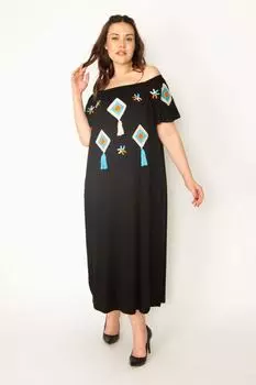 Женское черное вискозное платье большого размера с вышивкой, эластичным воротником и боковыми карманами ans, черный