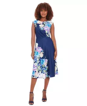 Женское цветочное миди-платье с расширенными плечами London Times, синий