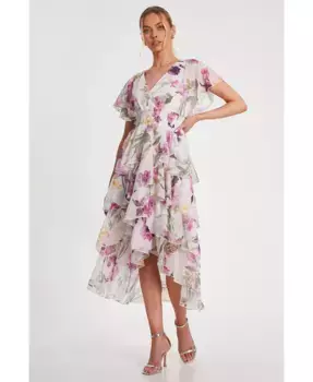 Женское цветочное шифоновое платье макси с ярусами QUIZ, розовый