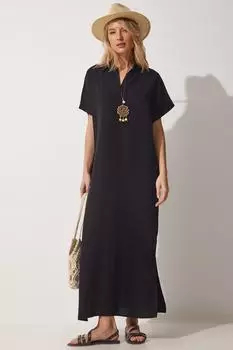 Женское длинное летнее льняное платье с черным ожерельем Happiness stanbul, черный