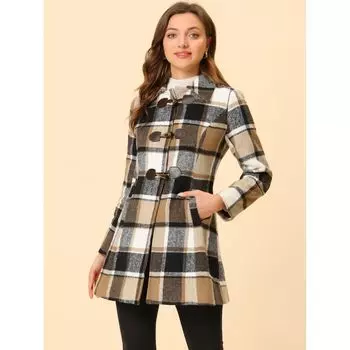 Женское длинное пальто с отложным воротником в клетку и пуговицами ALLEGRA K, коричневый