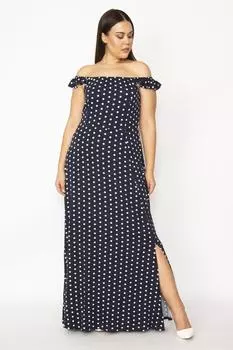 Женское длинное платье темно-синего цвета с воротником и бретелями, эластичной деталью и точечным узором с разрезами 65N29517 ans, темно-синий