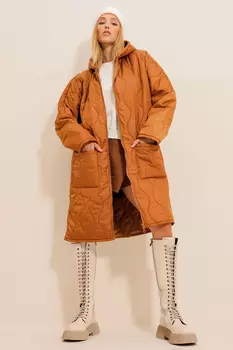 Женское длинное пуховик с капюшоном и двойным карманом спереди, двойной молнией Trend Alaat Stili, коричневый