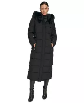 Женское длинное пуховик с отделкой из искусственного меха и капюшоном DKNY, черный