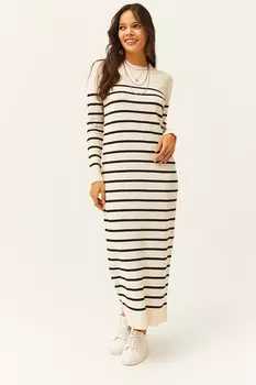 Женское длинное трикотажное платье в полоску с каменным черным круглым вырезом Olalook, серый
