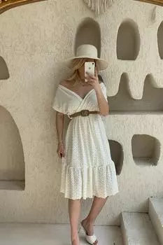 Женское двубортное платье цвета экрю с эластичным соломенным поясом и воротником на талии Trend Alaat Stili