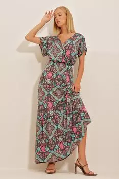 Женское двубортное платье макси длины с цветочным узором и смешанным рисунком ALC-X4373 Trend Alaat Stili, разноцветный