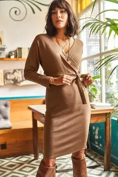 Женское двубортное трикотажное платье светло-коричневого цвета с поясом Olalook, коричневый