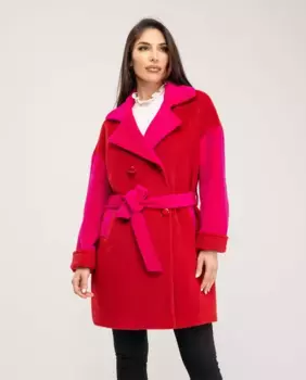 Женское двухцветное двубортное суконное пальто с воротником с лацканами и поясом Fsh, красный