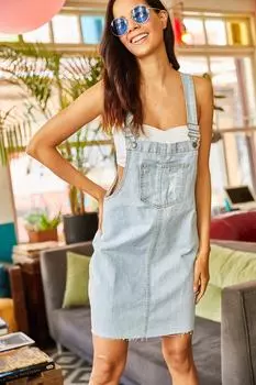 Женское джинсовое платье ледяного синего цвета с передним карманом Olalook, синий