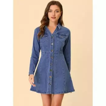Женское джинсовое платье-рубашка с v-образным вырезом и закатанными рукавами ALLEGRA K, светло-синий