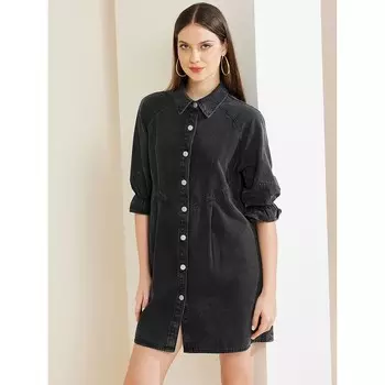 Женское джинсовое платье с рукавами-фонариками 3/4 Babydoll Мини-джинсовые платья-рубашки ALLEGRA K, розовый