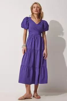 Женское фиолетовое платье из поплина с завязкой на спине и воланами Happiness stanbul, фиолетовый