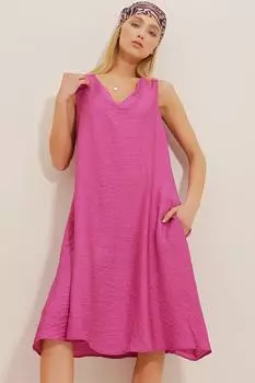 Женское фиолетовое тканое платье Aerobin с v-образным вырезом и двойными карманами ALC-X10341 Trend Alaat Stili, фиолетовый