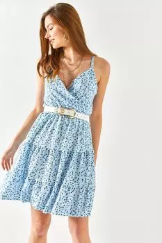 Женское голубое двубортное платье миди с эластичным поясом и воротником Olalook, бежевый