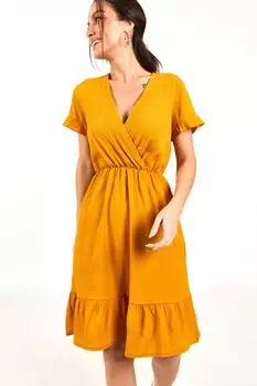 Женское горчичное двубортное креповое платье с эластичным воротником на талии и короткими рукавами armonika, желтый