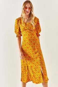 Женское горчичное тканое платье из вискозы с воротником-сердечком и двойным разрезом Olalook, желтый