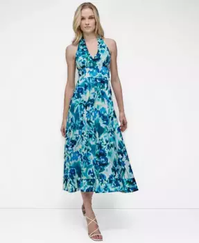 Женское хлопковое миди-платье с V-образным вырезом на запах и завязками на спине DKNY, синий