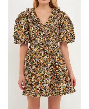 Женское хлопковое мини-платье с глубоким V-образным вырезом и цветочным принтом English Factory, черный