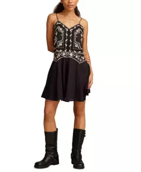 Женское хлопковое мини-платье с вышивкой на бретелях Lucky Brand, черный