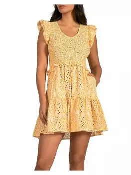 Женское хлопковое платье-бэбидолл со сборками ELAN, белый/желтый