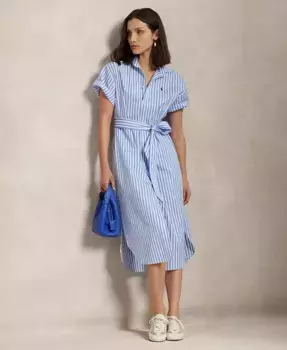 Женское хлопковое платье-рубашка в полоску с поясом Polo Ralph Lauren, синий