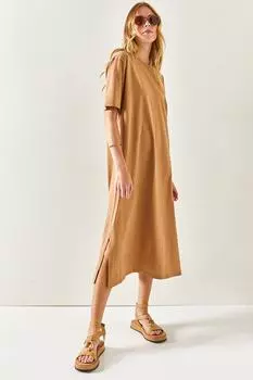 Женское хлопковое платье светло-коричневого цвета с разрезом по бокам Olalook, коричневый
