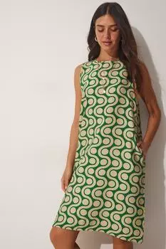Женское хлопковое платье трапециевидного силуэта бежево-зеленого цвета с рисунком Happiness stanbul, разноцветный