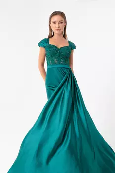 Женское изумрудно-зеленое атласное вечернее платье на косточках с корсетом и вырезом «лодочка» Lafaba, зеленый