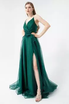 Женское изумрудно-зеленое двубортное длинное серебристое вечернее платье с воротником и поясом Lafaba, зеленый