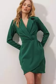 Женское изумрудно-зеленое двубортное платье средней длины с запахом и воротником-вытачкой ALC-X9938 Trend Alaat Stili, зеленый