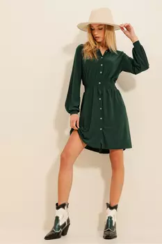 Женское изумрудно-зеленое платье песочного цвета на пуговицах с воротником-поло ALC-X11273 Trend Alaat Stili, зеленый