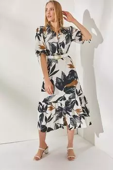 Женское каменно-черное платье миди с рубашечным воротником и разрезом Olalook, серый