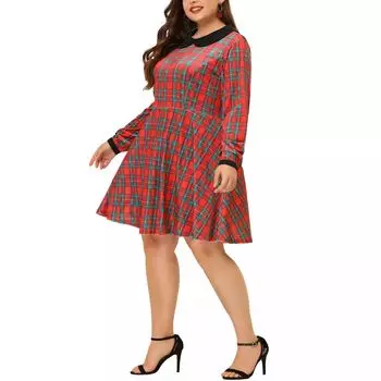 Женское клетчатое бархатное платье больших размеров с воротником Питера Пэна и длинными рукавами Agnes Orinda