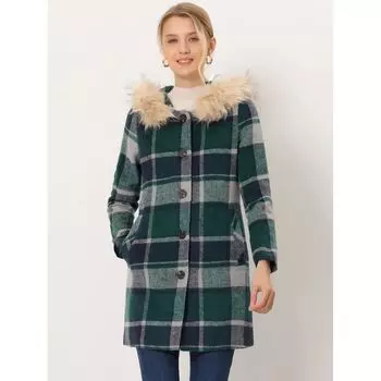 Женское клетчатое пальто со съемной отделкой из искусственного меха с длинными рукавами и капюшоном ALLEGRA K, зеленый