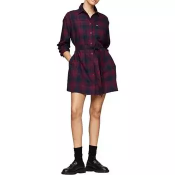 Женское клетчатое платье-рубашка из хлопка Tommy Jeans, темно-синий