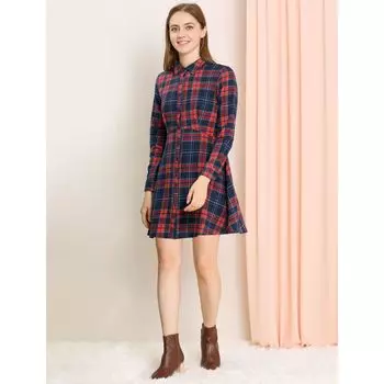 Женское клетчатое платье трапециевидной формы с длинными рукавами и пуговицами ALLEGRA K